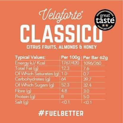 Veloforte Classico Energy Bar - Citrus Fruits, Almonds and Honey - 9 count x 62g - 5gr plant protein, 40gr Carbs, Rich in Dual source Carbohydrates, 100% Natural, Vegetarian, Gluten Free - Athletix.ae