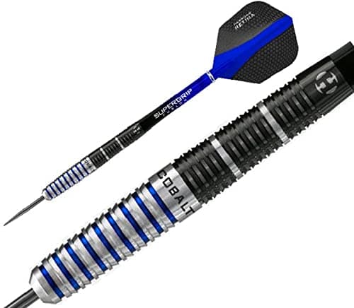 Harrows Cobalt Black/Blue 90% Tungsten Steel Tip Darts, 3 Supergrip Fusion Shafts, 3 Retina Flights (23g) - Athletix.ae