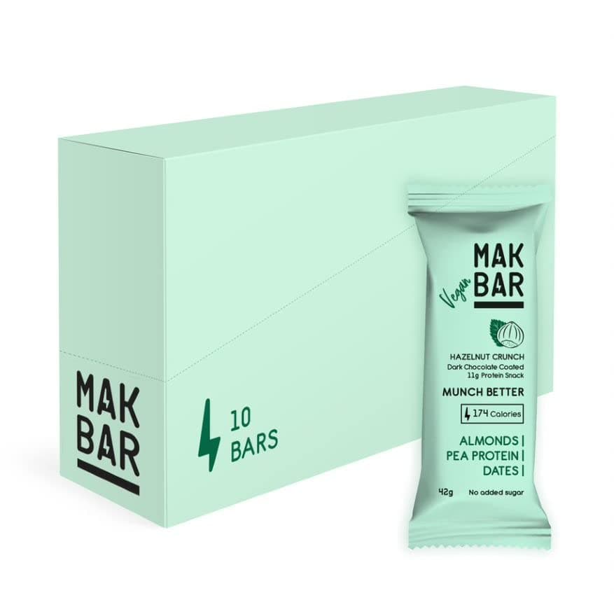 MAK BAR Vegan Protein Bar - Hazelnut Crunch Flavor - 10 count x 42g - 11gr protein snack, 174 calories - Almonds, Pea Protein & Dates, No added sugar , High Fibre, Vegan, Gluten Free - Athletix.ae