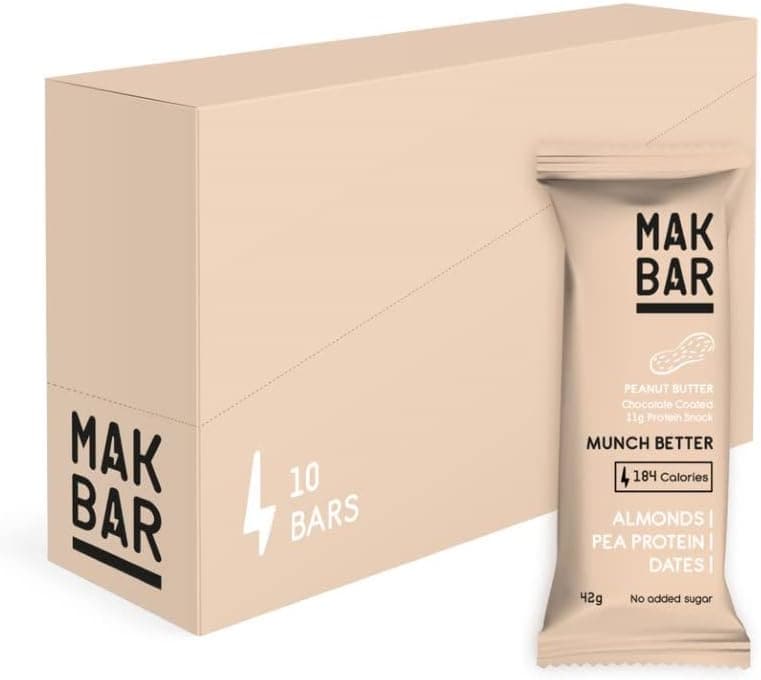 MAK BAR Peanut Butter Protein bar - 10 Count x 42g - 11gr protein snack, 184 calories - Almonds,Pea Protein & Dates,No added sugar ,High Fibre, Vegetarian, Gluten Free,Chocolate Coated - Athletix.ae