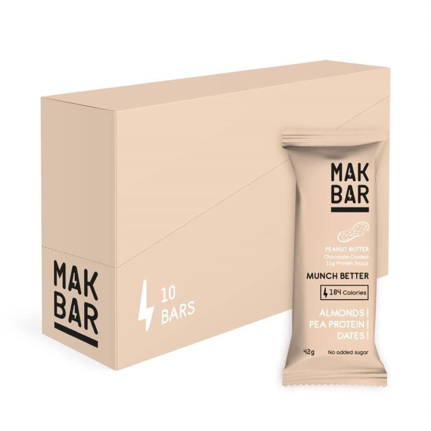 MAK BAR Peanut Butter Protein bar - 10 Count x 42g - 11gr protein snack, 184 calories - Almonds,Pea Protein & Dates,No added sugar ,High Fibre, Vegetarian, Gluten Free,Chocolate Coated - Athletix.ae