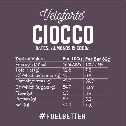 Veloforte Ciocco Energy Bar - Dates, Almonds and Cocoa - 9 count x 62g - 5gr plant protein, 40gr Carbs, Rich in Dual source Carbohydrates, 100% Natural, Vegetarian, Gluten Free - Athletix.ae