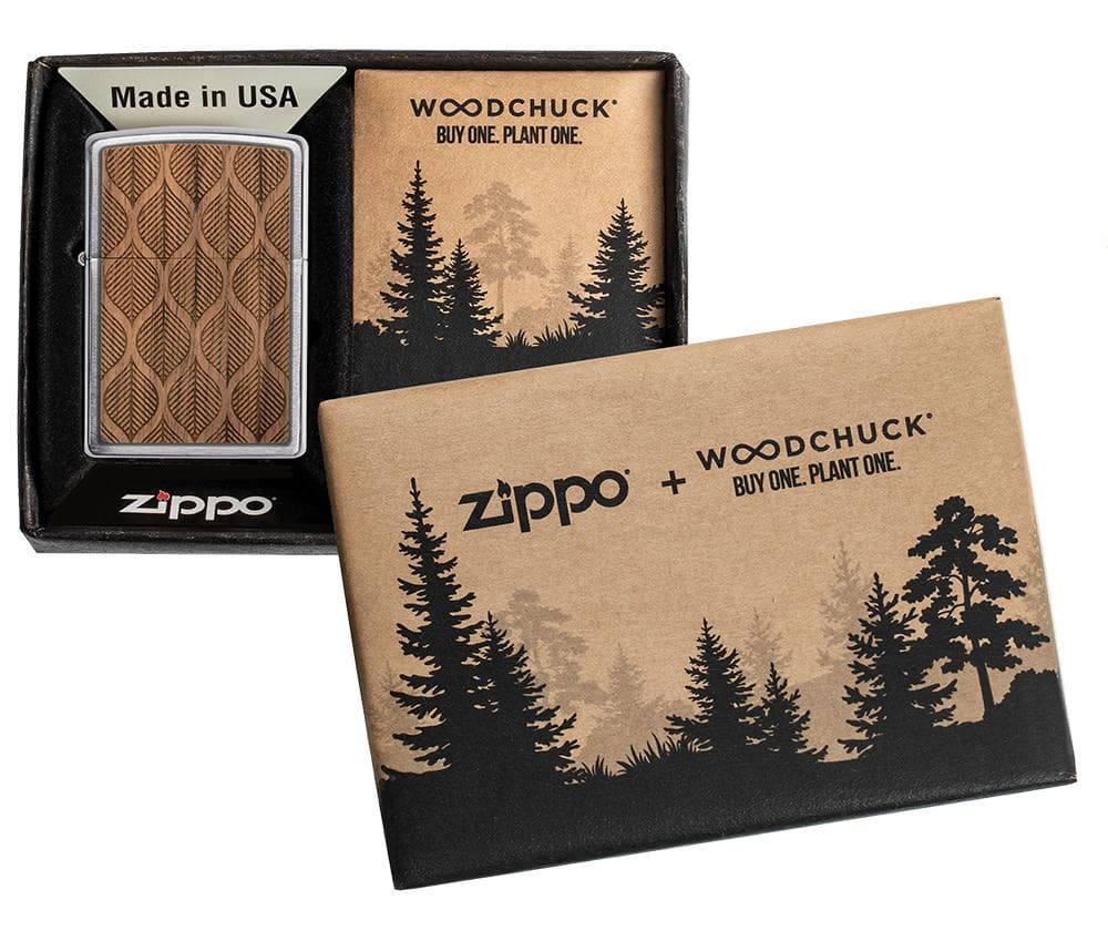 Zippo 49708 200 WOODCHUCK USA Walnut Leaves Two Sided Emblem Brushed Chrome Windproof Lighter - OUTBACK