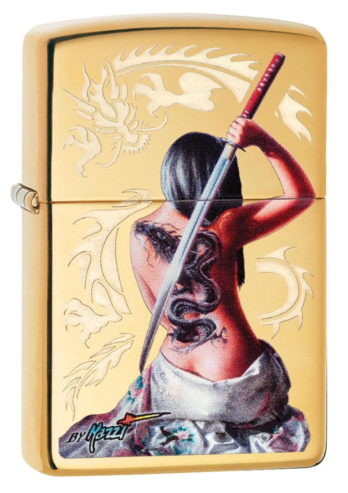 Zippo 29668 254B Mazzi Dragan Girl High Polish Brass Windproof Lighter, Classic Model, Gold - OUTBACK