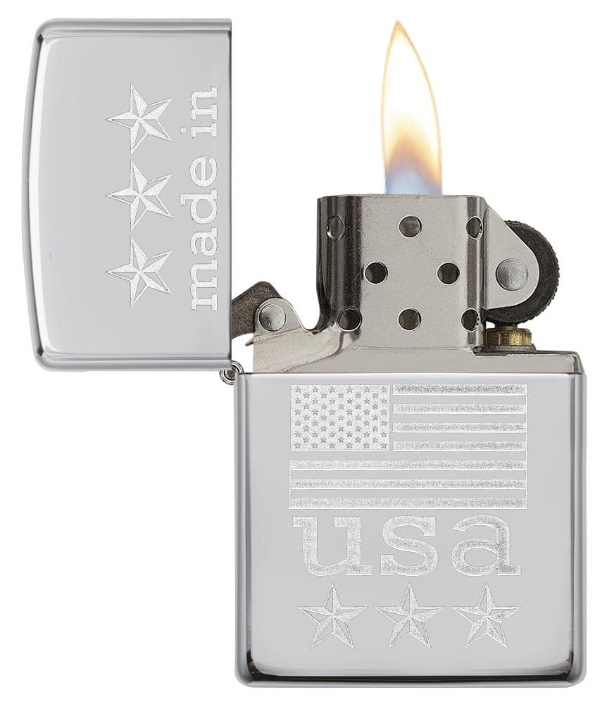 Zippo 29430 250 Made in USA with Flag Engraved High Polish Chrome Lighter , Classic Model, Silver - OUTBACK