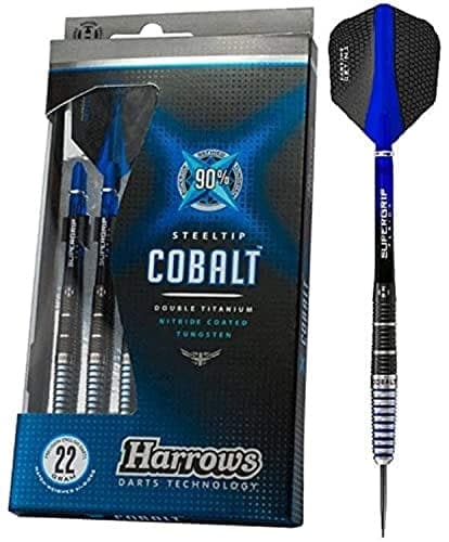 Harrows Cobalt Black/Blue 90% Tungsten Steel Tip Darts, 3 Supergrip Fusion Shafts, 3 Retina Flights (24g) - Athletix.ae