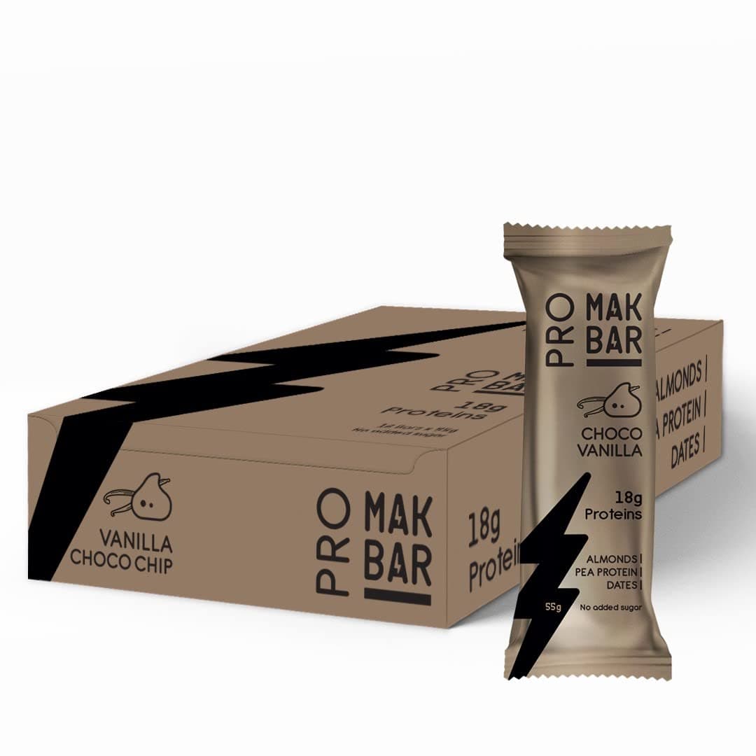 MAK BAR Pro Protein Bar - Vanilla Choco Chip Flavor - 12 count x 55g - 18gr protein snack, 218 Calories - Almonds, Pea Protein & Dates, No added sugar, High Fibre, Vegetarian, Post Workout Meal - Athletix.ae