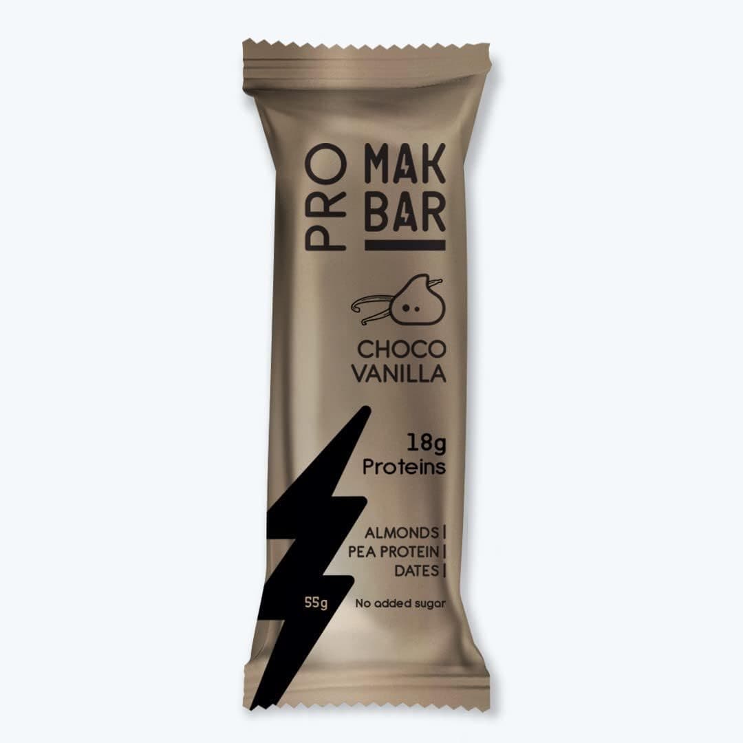 MAK BAR Pro Protein Bar - Vanilla Choco Chip Flavor - 12 count x 55g - 18gr protein snack, 218 Calories - Almonds, Pea Protein & Dates, No added sugar, High Fibre, Vegetarian, Post Workout Meal - Athletix.ae