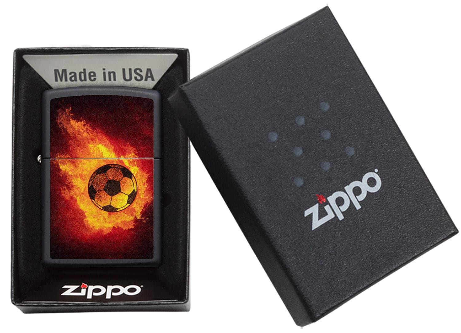 Zippo CI412374 218 Soccer Ball On Fire Design Black Matte Windproof Lighter, Middle East Model, Black - OUTBACK