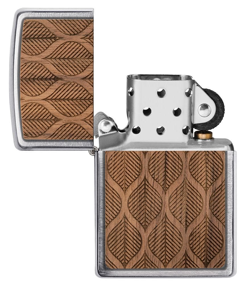 Zippo 49708 200 WOODCHUCK USA Walnut Leaves Two Sided Emblem Brushed Chrome Windproof Lighter - OUTBACK