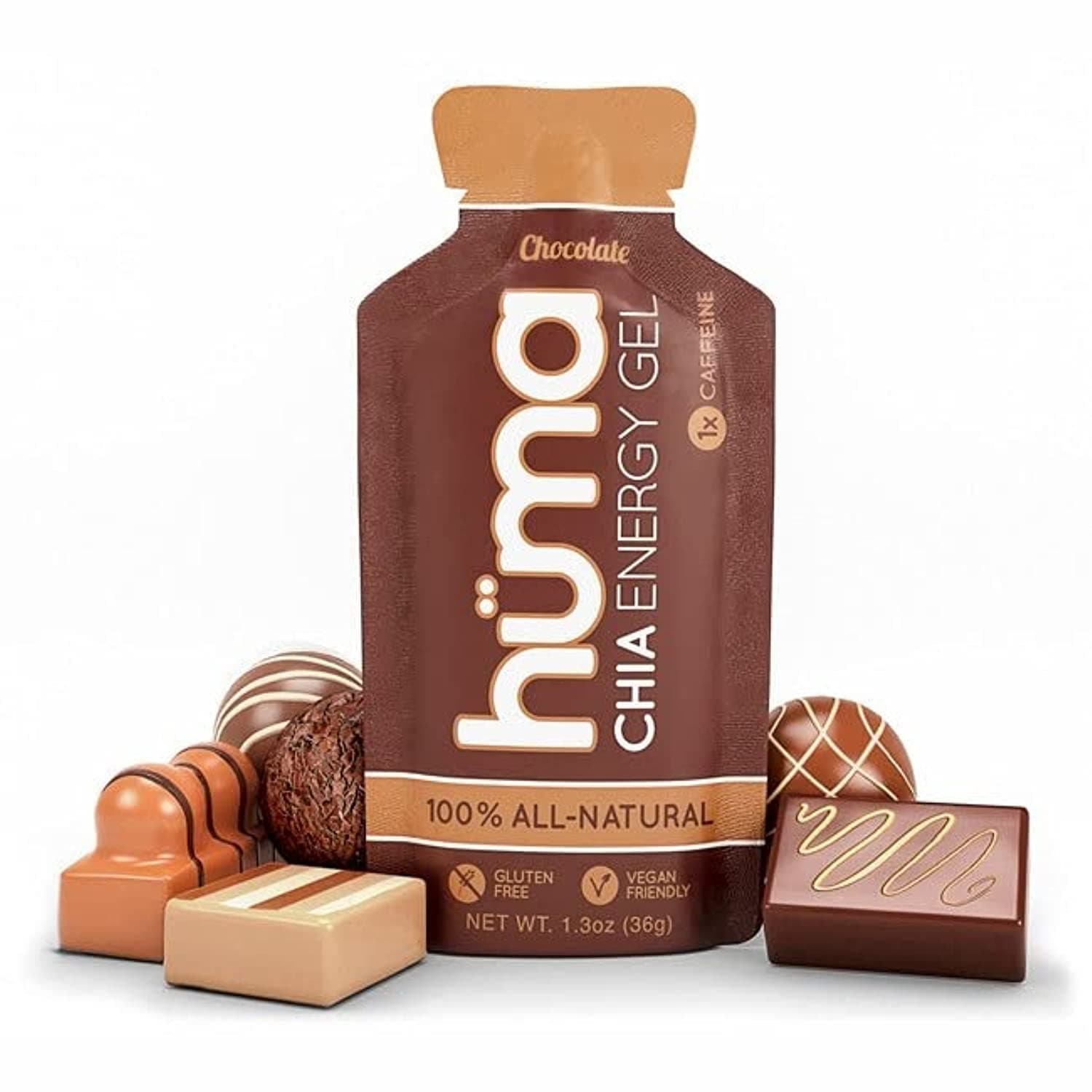 Huma Chia Energy Gel - Chocolate - 9 count x 36g - 25gr Carbs, 110mg Sodium, 1x Caffeine, 25mg Caffeine, 100% All Natural, Vegan, Gluten Free, No Stomach Problems, Great Taste, Easy Digestion - Athletix.ae