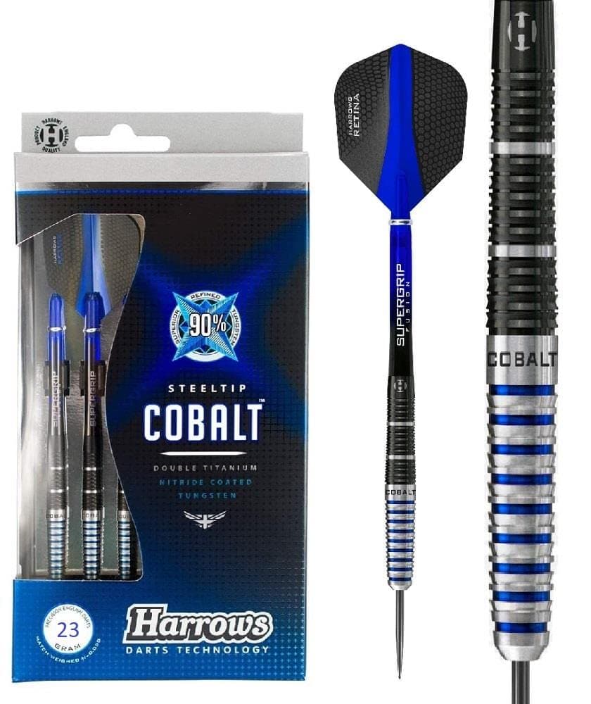 Harrows Cobalt Black/Blue 90% Tungsten Steel Tip Darts, 3 Supergrip Fusion Shafts, 3 Retina Flights (23g) - Athletix.ae