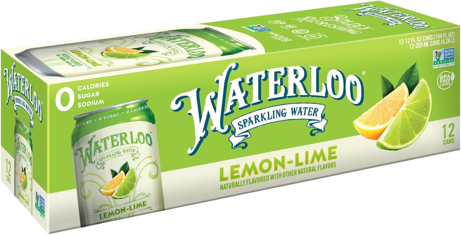 Waterloo Lemon-Lime Sparkling Water - Organic - 12 Pack x 355ml - 0 Sugar, 0 Calories, Non-GMO, Gluten Free, BPA Free, Vegan,Whole30, Kosher, No Artificial Sweetener, Soda & Tonic Replacement - Athletix.ae