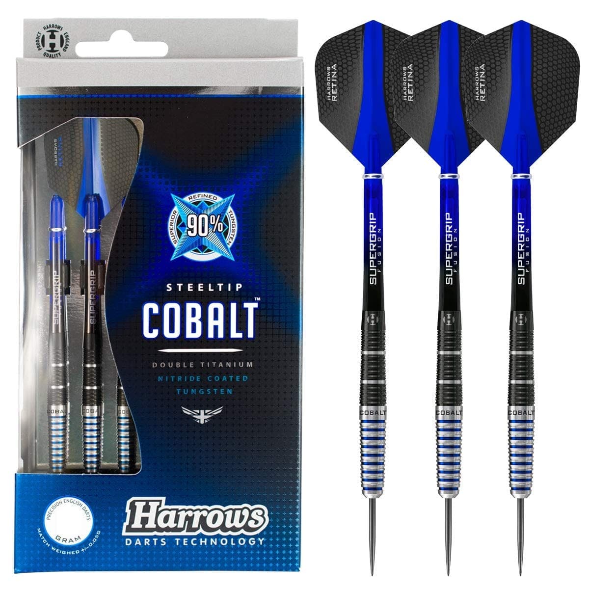 Harrows Cobalt Black/Blue 90% Tungsten Steel Tip Darts, 3 Supergrip Fusion Shafts, 3 Retina Flights (21g) - Athletix.ae