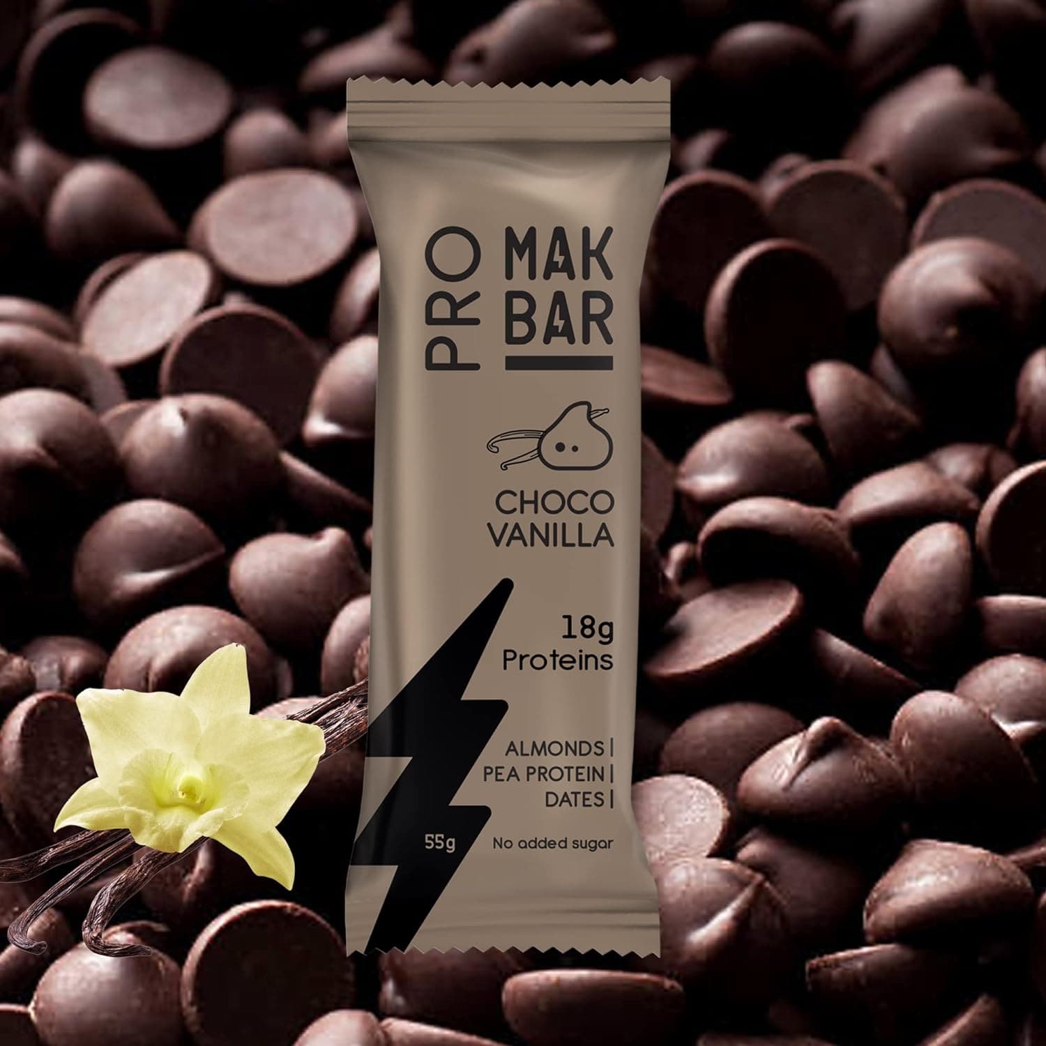 MAK BAR Pro Protein Bar - Vanilla Choco Chip Flavor - 12 count x 55g - 18gr protein snack, 218 Calories - Almonds, Pea Protein & Dates, No added sugar, High Fibre, Vegetarian, Post Workout Meal - Athletix.ae