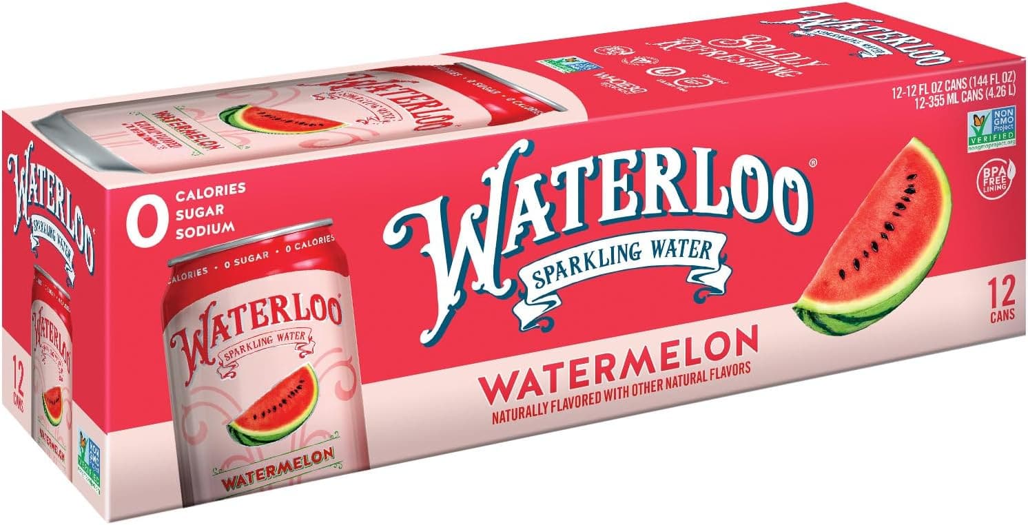 Waterloo Watermelon Sparkling Water - Organic - 12 Pack x 355ml - 0 Sugar, 0 Calories, Non-GMO, Gluten Free, BPA Free, Vegan,Whole30, Kosher, No Artificial Sweetener, Soda & Tonic Replacement - Athletix.ae