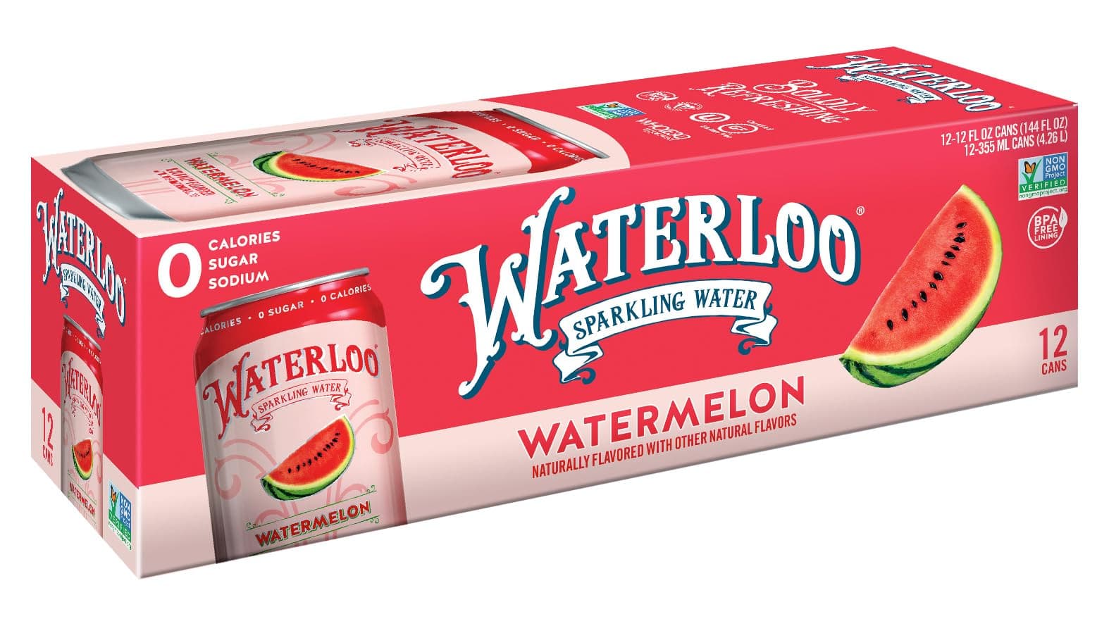 Waterloo Watermelon Sparkling Water - Organic - 12 Pack x 355ml - 0 Sugar, 0 Calories, Non-GMO, Gluten Free, BPA Free, Vegan,Whole30, Kosher, No Artificial Sweetener, Soda & Tonic Replacement - Athletix.ae
