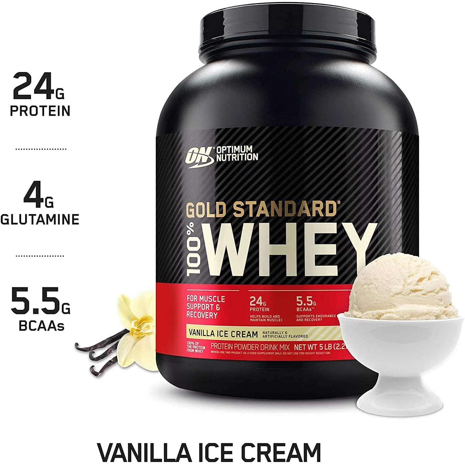 Optimum Nutrition Gold Standard 100% Whey Protein for Post-Workout Muscle Support & Recovery, 5 lbs - 2.27 Kg