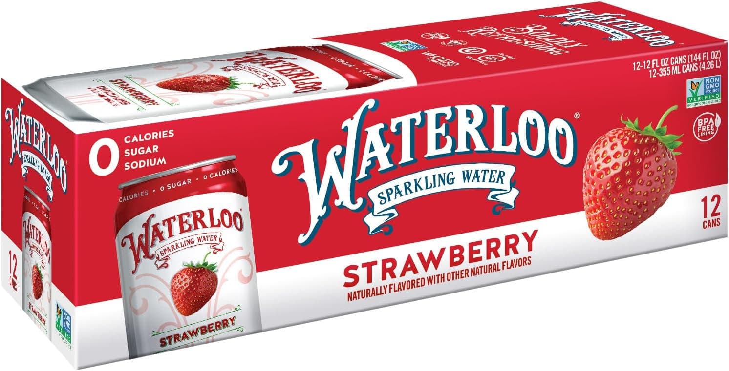 Waterloo Strawberry Sparkling Water - Organic - 12 Pack x 355ml - 0 Sugar, 0 Calories, Non-GMO, Gluten Free, BPA Free, Vegan,Whole30, Kosher, No Artificial Sweetener, Soda & Tonic Replacement - Athletix.ae