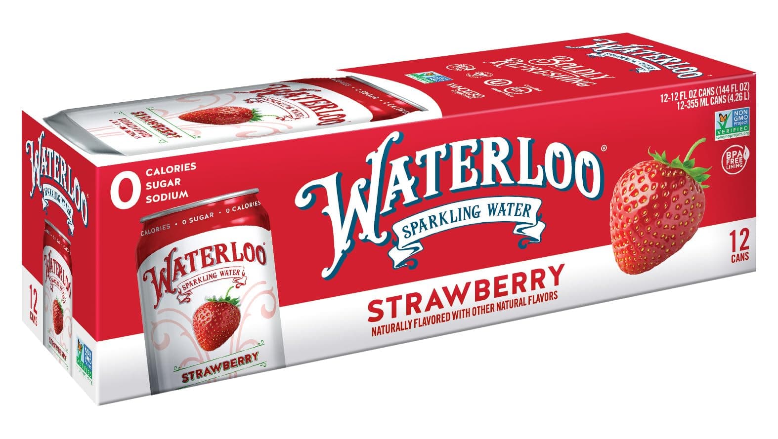 Waterloo Strawberry Sparkling Water - Organic - 12 Pack x 355ml - 0 Sugar, 0 Calories, Non-GMO, Gluten Free, BPA Free, Vegan,Whole30, Kosher, No Artificial Sweetener, Soda & Tonic Replacement - Athletix.ae