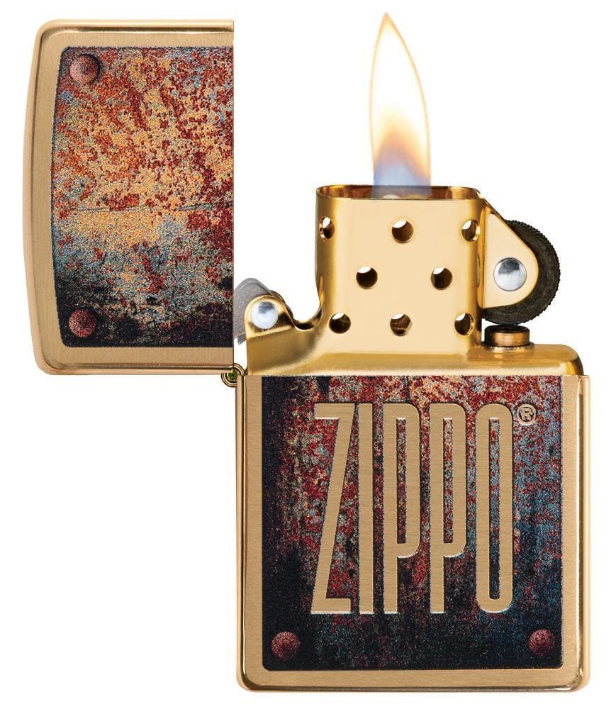 Zippo 29879 204B Rusty Palte Design Brushed Brass Windproof Lighter, Classic Model, Gold - OUTBACK