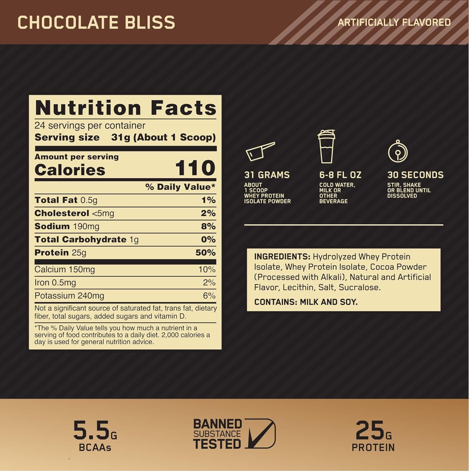 Optimum Nutrition Gold Standard 100% Isolate Hydrolyzed and Ultra-Filtered Whey Protein Isolate for , Chocolate Bliss, 1.64 lbs - 24 Servings - 744 Grams