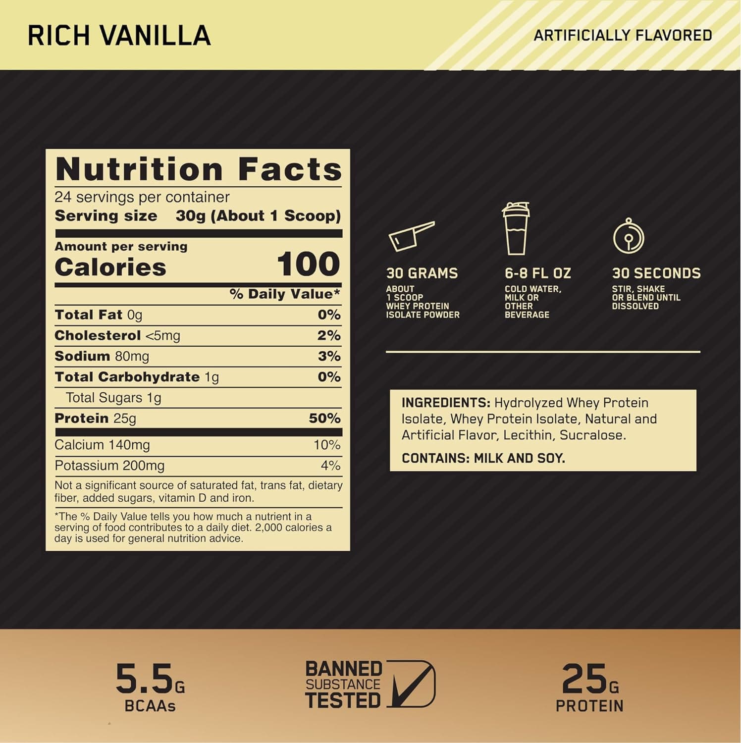 Optimum Nutrition Gold Standard 100% Isolate Hydrolyzed and Ultra-Filtered Whey Protein Isolate for , Rich Vanilla, 1.58 lbs - 24 Servings - 720 Grams