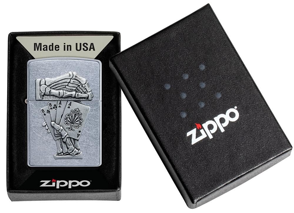 Zippo 49536 207 Dead Mans Hand Emblem Design Street Chrome Windproof Lighter, Classic Model, Silver - OUTBACK