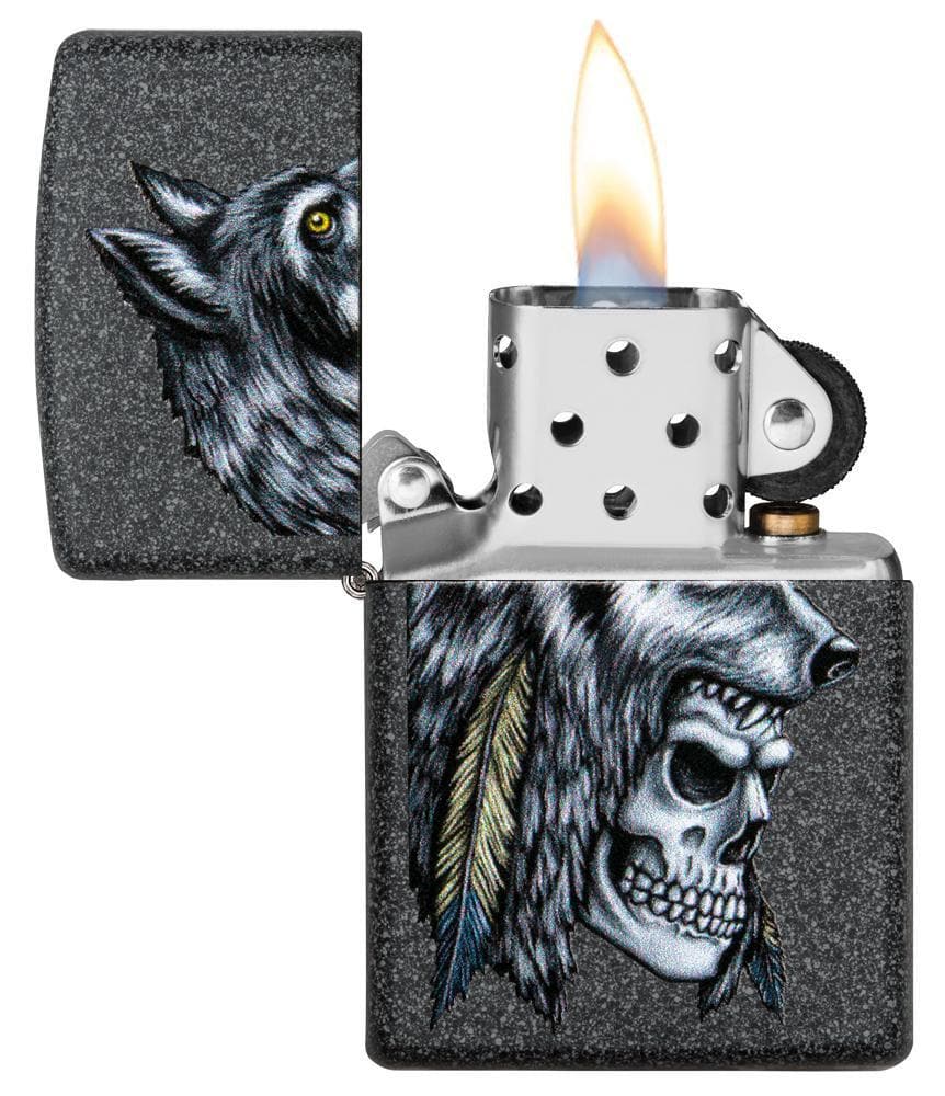 Zippo 29863 211 Wolf Skull Feather Design Iron StoneWindproof Lighter, Classic Model, Black - OUTBACK