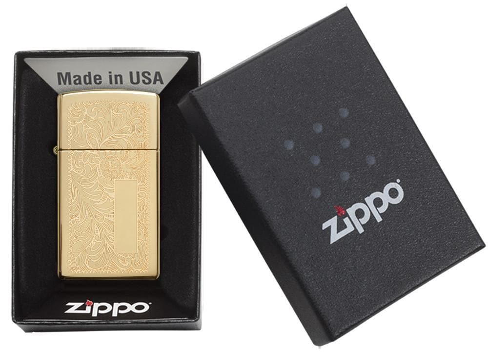 Zippo 1652B Slim High Polish Brass Venetian Windproof Lighter, Slim Model, Gold - OUTBACK