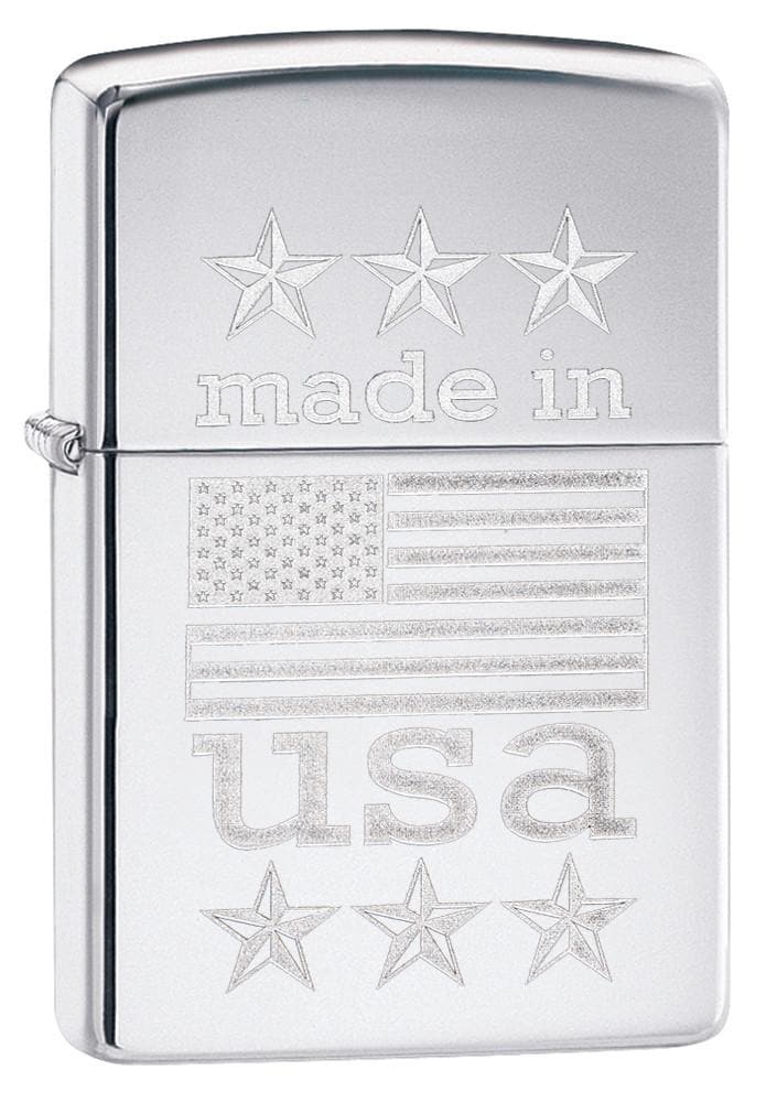 Zippo 29430 250 Made in USA with Flag Engraved High Polish Chrome Lighter , Classic Model, Silver - OUTBACK