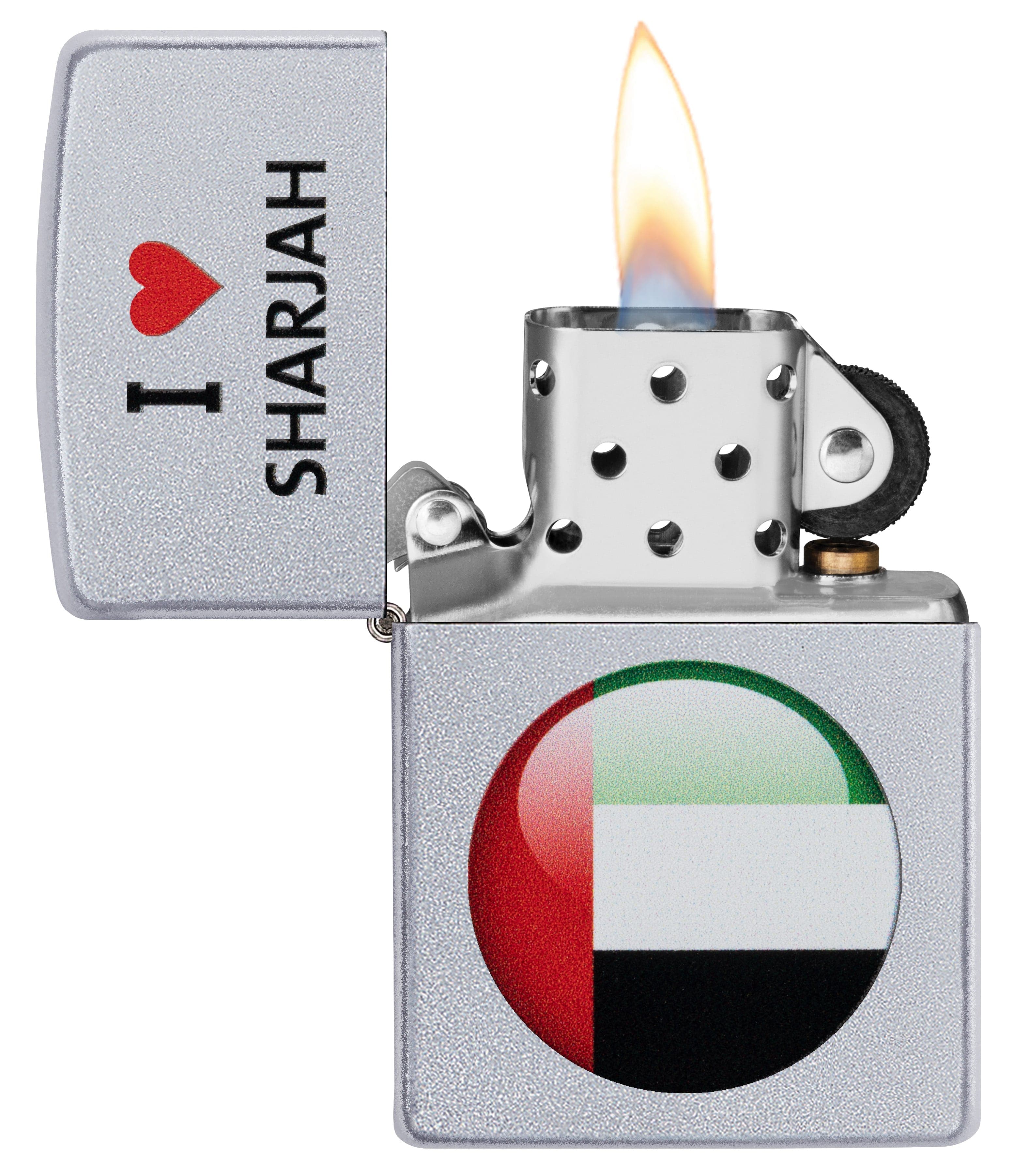 Zippo CI412385 205 I Love Sharjah Design Satin Chrome Windproof Lighter, Middle East Model, Silver - OUTBACK