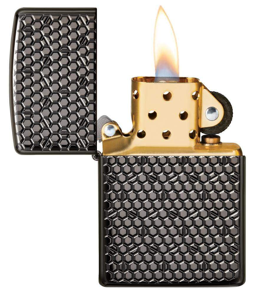 Zippo 49021 150 Hexagon DesignHigh Polish Black  Windproof Lighter, Armor Model, Black - OUTBACK