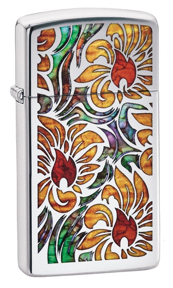 Zippo 29702 1610 Fusion Floral Design Chrome Windproof Lighter, Slim Model, Silver - OUTBACK