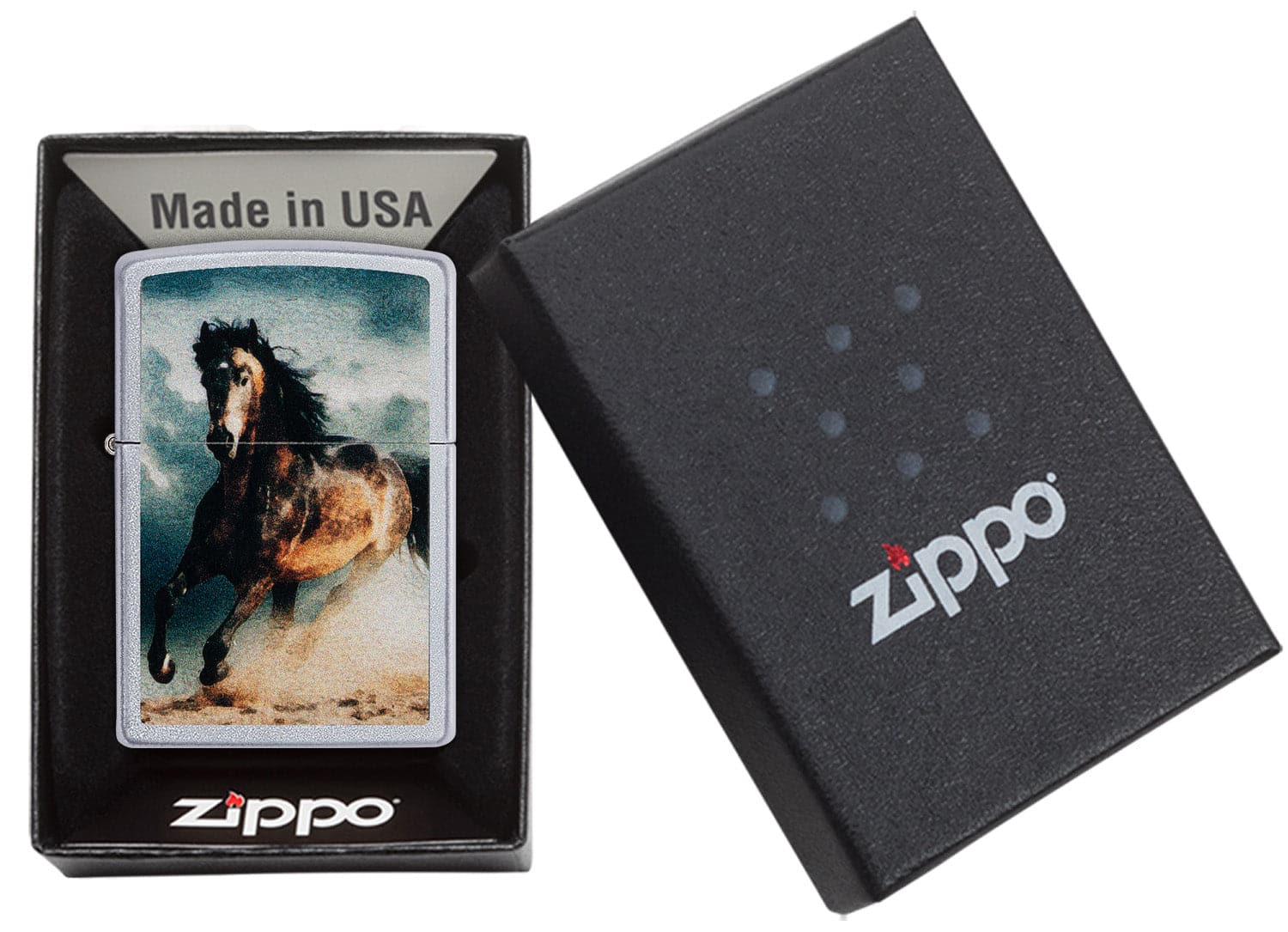 Zippo CI412373 200 Wild Stallion Design Brushed Chrome Windproof Lighter, Middle East Model, Silver - OUTBACK