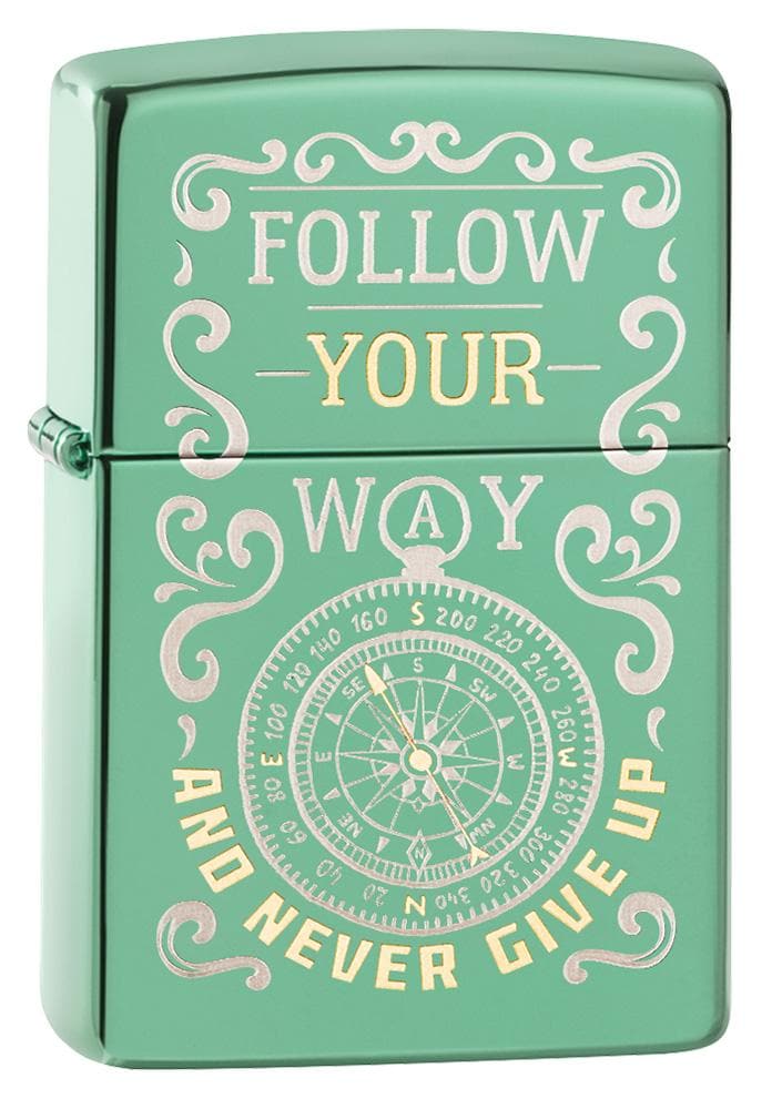 Zippo 49161 Follow Your Way Design High Polish Green Windproof Lighter, Classic Model, Green - OUTBACK