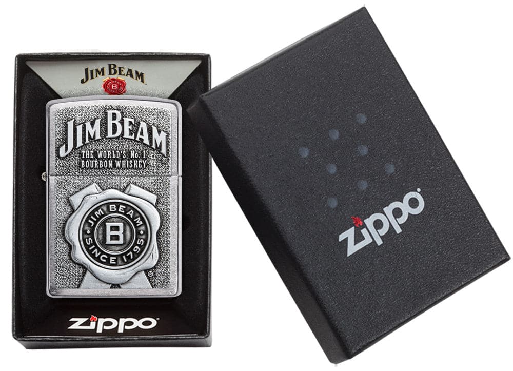 Zippo 29829 200 Jim Beam Emblem Design Brushed Chrome Windproof Lighter, Jim Beam Model, Silver - OUTBACK