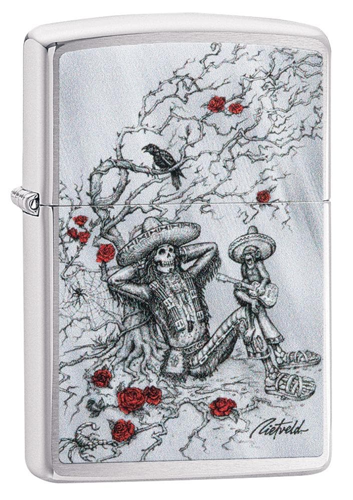 Zippo 49144 200 Rietveld Day of the Dead Skeleton Brushed Chrome Windproof Lighter, Classic Model, Silver - OUTBACK