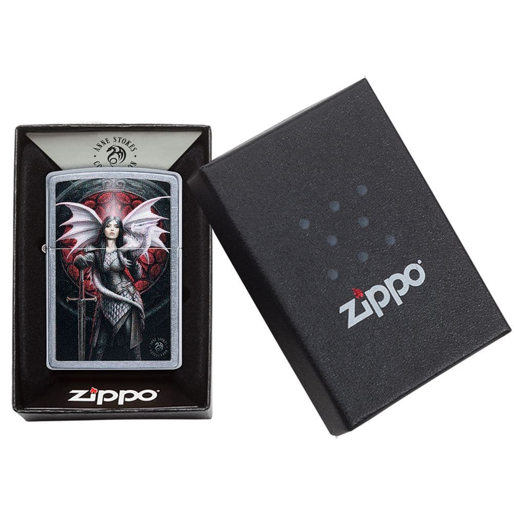 Zippo 49096 Anne Stokes Dragon Warrior Street Chrome Genuine Windproof Lighter, Classic Model, Silver - OUTBACK