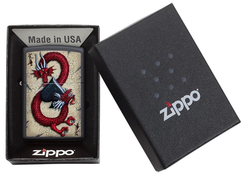 Zippo 29840 218 Dragon Ace Design Black Matte Windproof Lighter, Classic Model, Black - OUTBACK