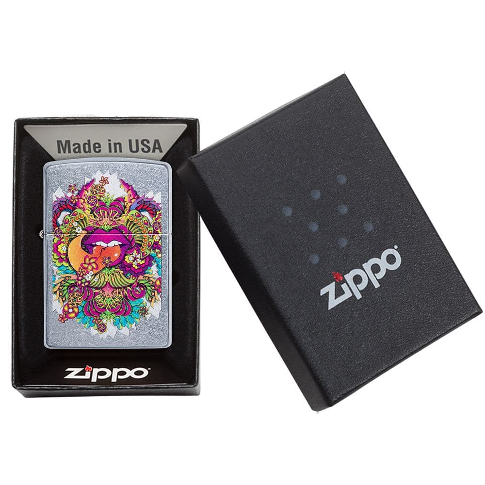 Zippo 49110 207 Zippo Psychedelic Lip Design Street Chrome Windproof Pocket Lighter, Classic Model, Silver - OUTBACK