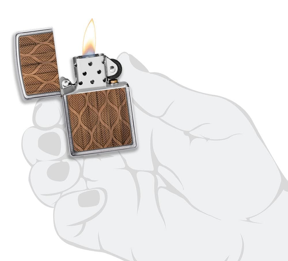 Zippo 49708 200 WOODCHUCK USA Walnut Leaves Two Sided Emblem Brushed Chrome Windproof Lighter - OUTBACK