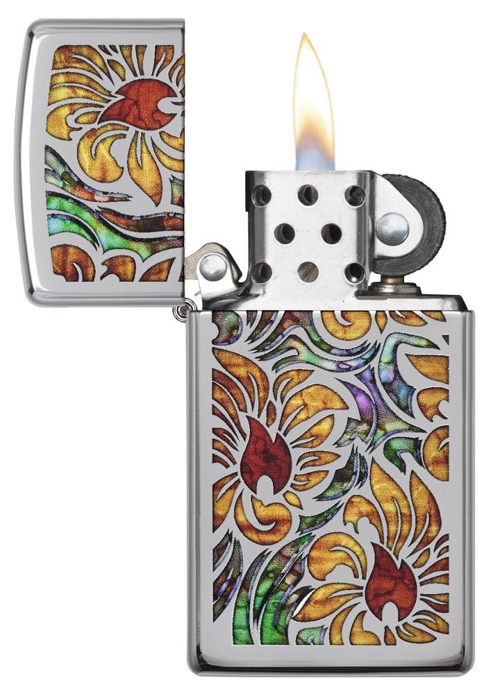 Zippo 29702 1610 Fusion Floral Design Chrome Windproof Lighter, Slim Model, Silver - OUTBACK