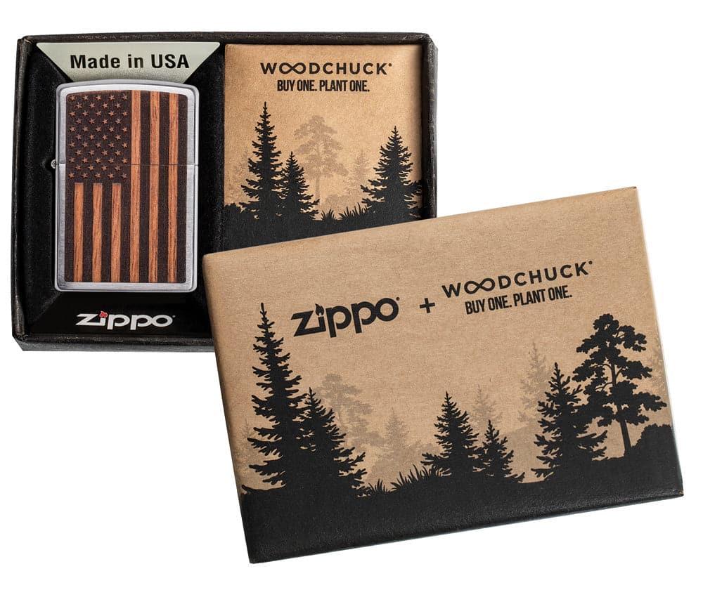 Zippo 29966 200 Woodchunk American Flag Brushed Chrome Windproof Lighter, Classic Model, Silver - OUTBACK