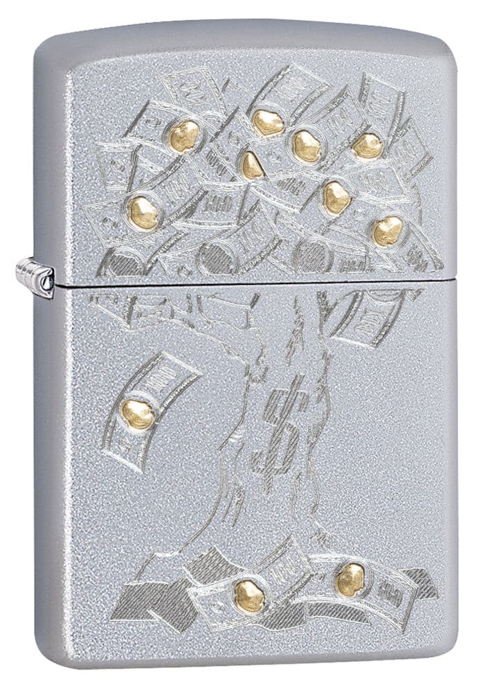 Zippo 29999 205 Money Tree Design Satin Chrome Windproof Lighter, Classic Model, Silver - OUTBACK