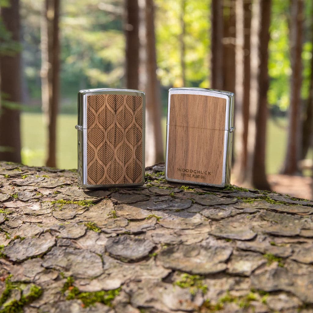 Zippo 49708 200 WOODCHUCK USA Walnut Leaves Two Sided Emblem Brushed Chrome Windproof Lighter - OUTBACK