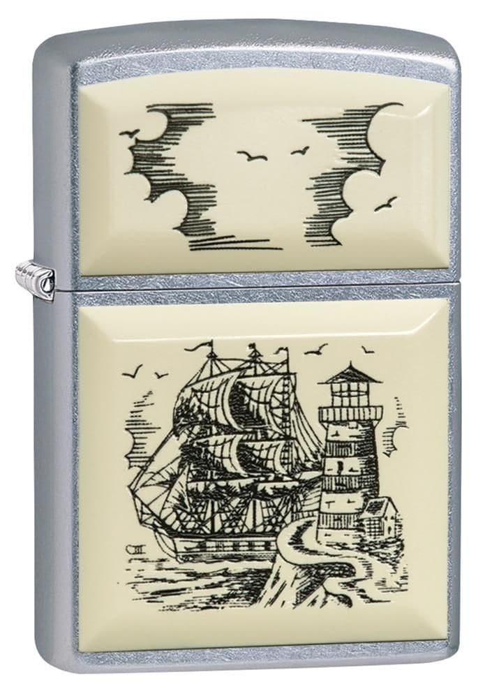 Zippo 29397 207 Scrimshaw Ship Street Chrome Windproof Lighter, Classic Model, Silver - OUTBACK