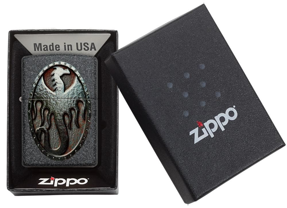 Zippo 49072 211 Metal Dragon Shield Design Iron Stone Windproof Lighter, Classic Model, Black - OUTBACK