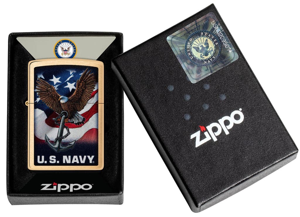 Zippo 48549 204B U.S. Navy Eagle Anchor & Flag Brushed Brass Windproof Lighter - OUTBACK