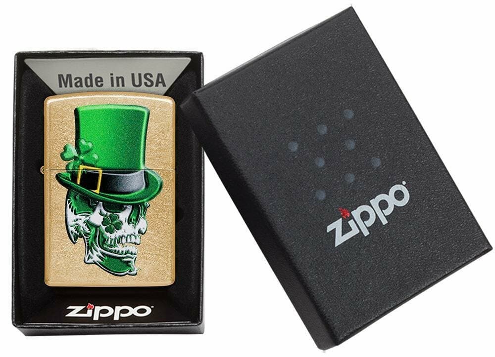 Zippo 49121 207G Irish Skull Design Windproof Lighter, Classic Model, Gold - OUTBACK